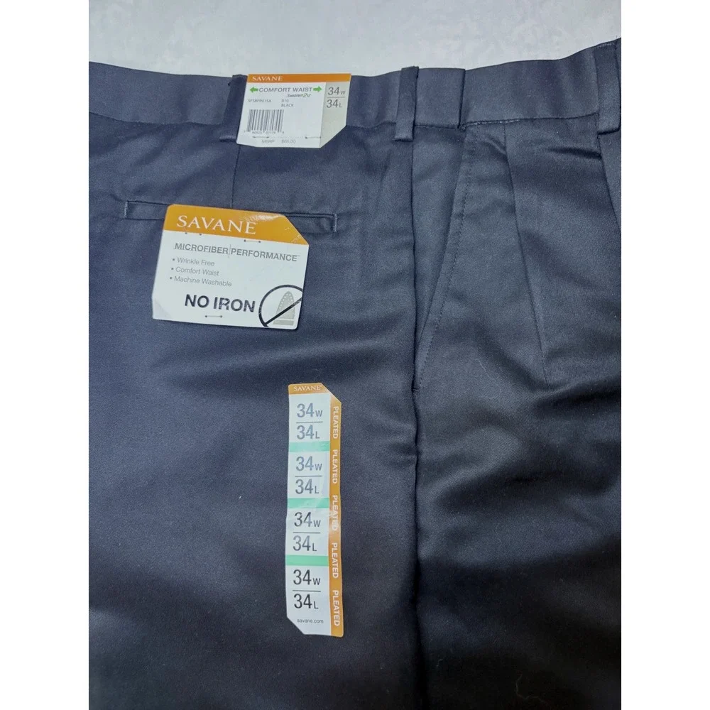 Savane Mens Black Pleated Dress Pants 34x34 Comfort Waist Microfiber No Iron NEW